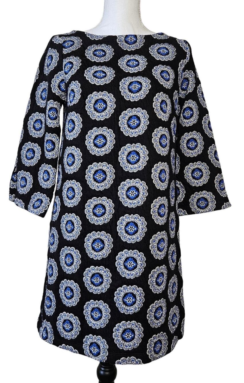 Loft Womens Jacquard Shift Dress Small Black Blue 3/4 Sleeve Medallion Pattern S